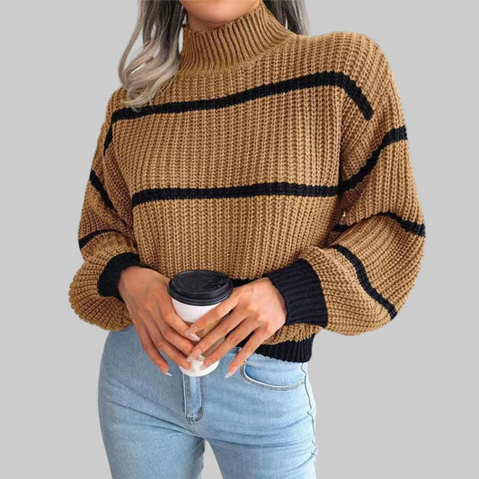 Women’s Turtleneck Sweater | Loose Fit | Lantern Sleeves | Striped Pattern