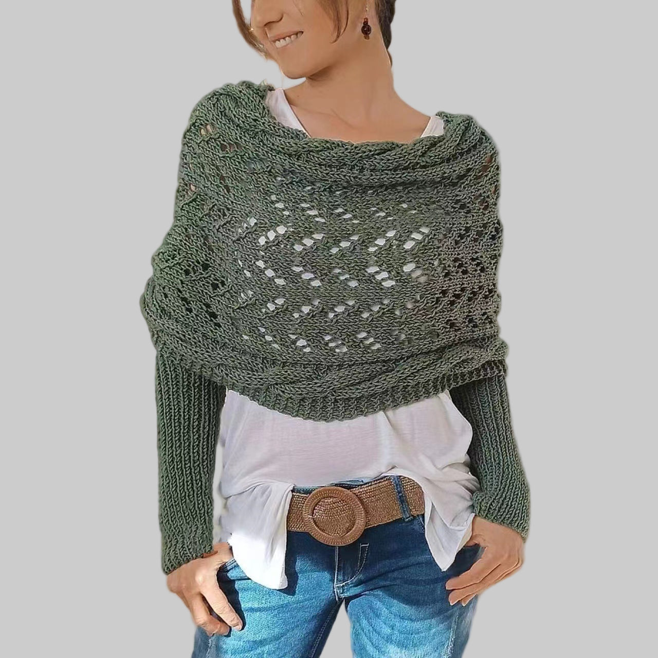Women’s Knit Wrap Shrug | Boho Cable Design | Soft Stretch Knit Comfort