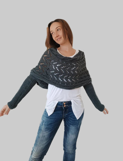 Women’s Knit Wrap Shrug | Boho Cable Design | Soft Stretch Knit Comfort