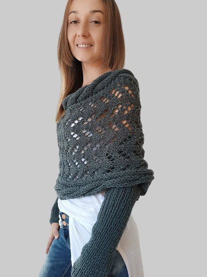Women’s Knit Wrap Shrug | Boho Cable Design | Soft Stretch Knit Comfort