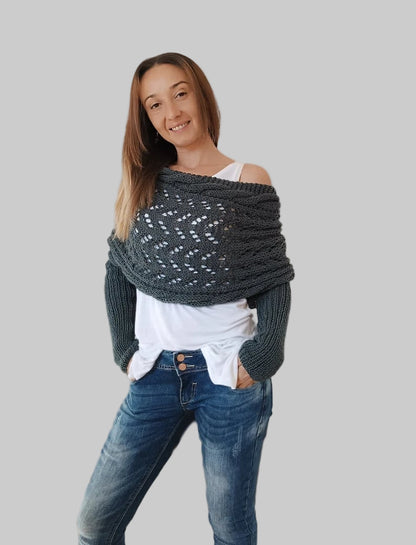 Women’s Knit Wrap Shrug | Boho Cable Design | Soft Stretch Knit Comfort
