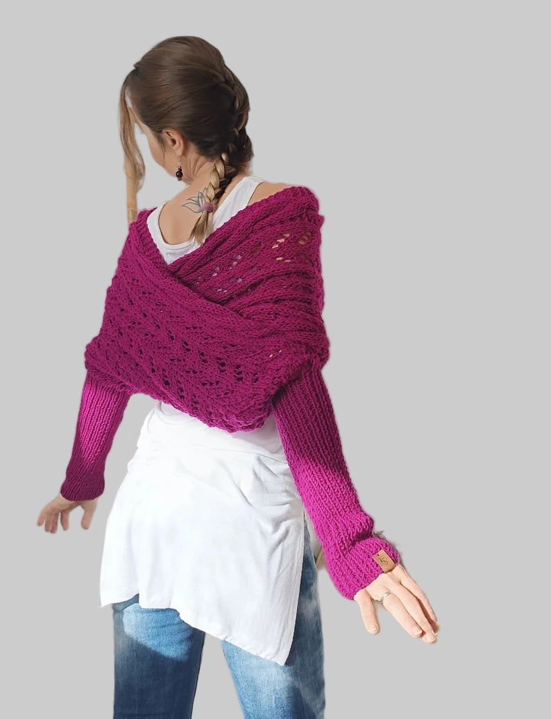 Women’s Knit Wrap Shrug | Boho Cable Design | Soft Stretch Knit Comfort