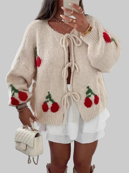 Women’s Tie-Front Cardigan | Oversized Fit | Cherry Pattern | Lace-Up Detail