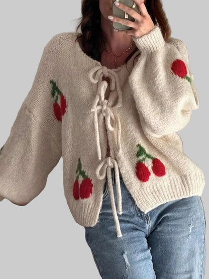 Women’s Tie-Front Cardigan | Oversized Fit | Cherry Pattern | Lace-Up Detail