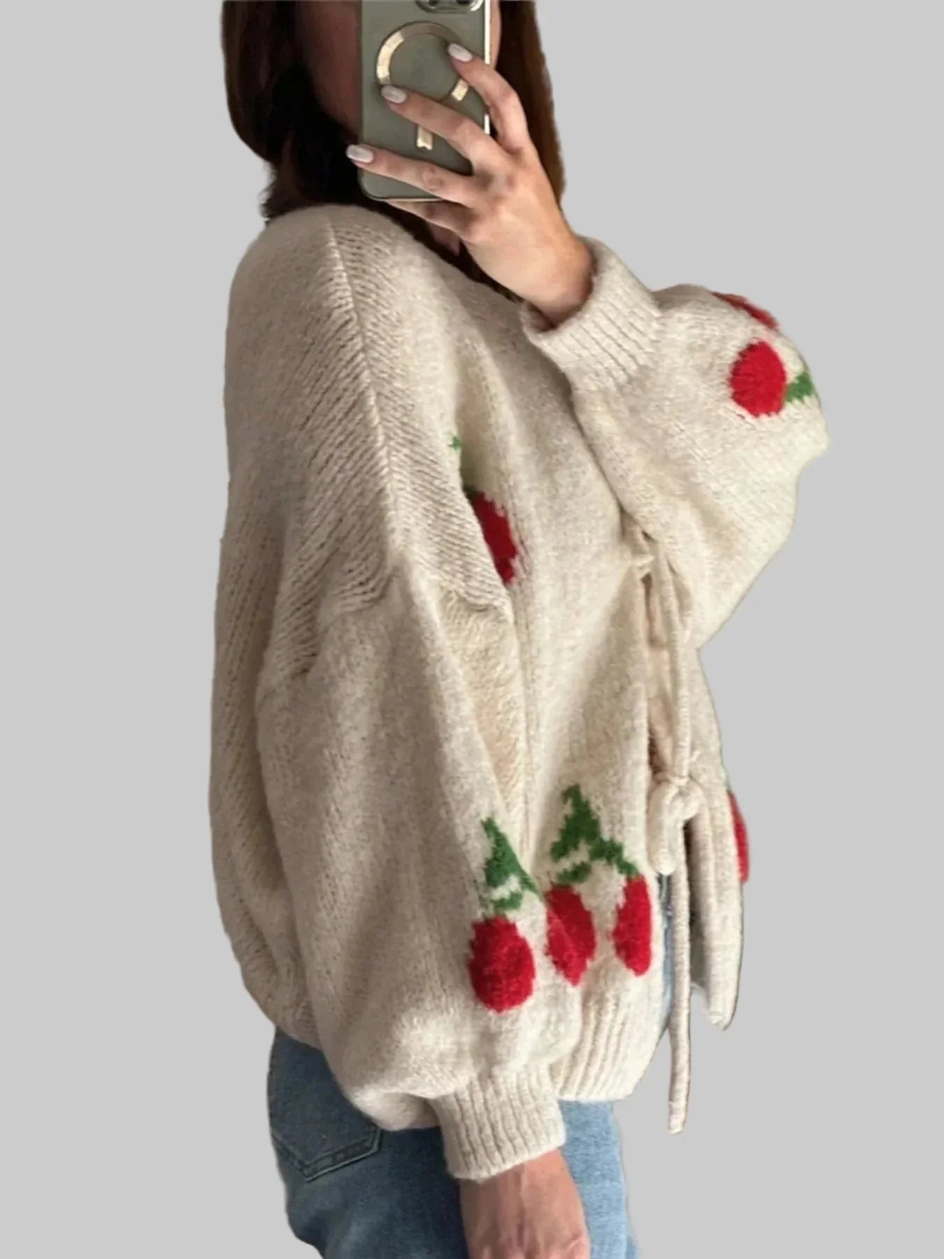 Women’s Tie-Front Cardigan | Oversized Fit | Cherry Pattern | Lace-Up Detail