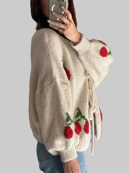 Women’s Tie-Front Cardigan | Oversized Fit | Cherry Pattern | Lace-Up Detail