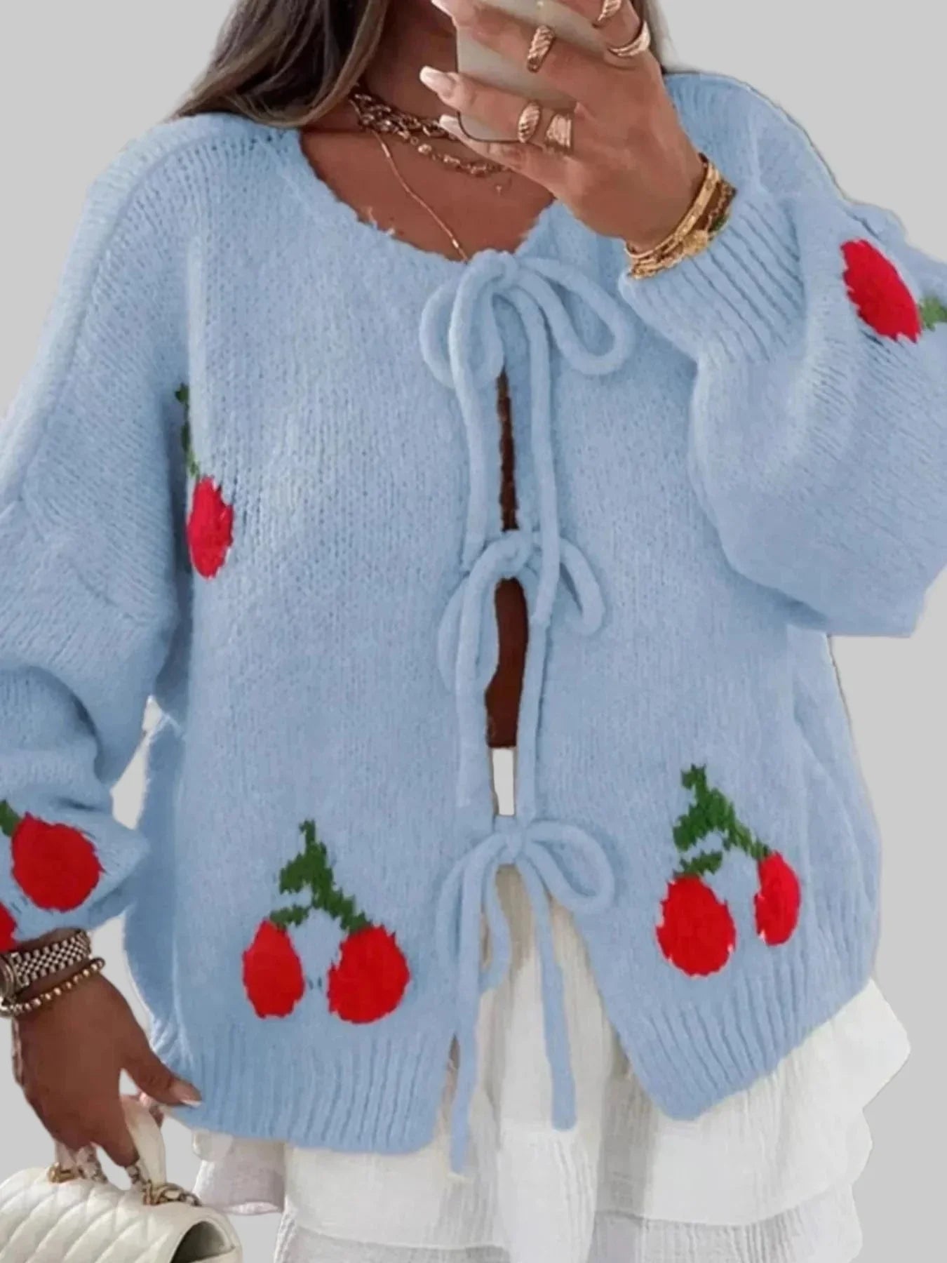 Women’s Tie-Front Cardigan | Oversized Fit | Cherry Pattern | Lace-Up Detail