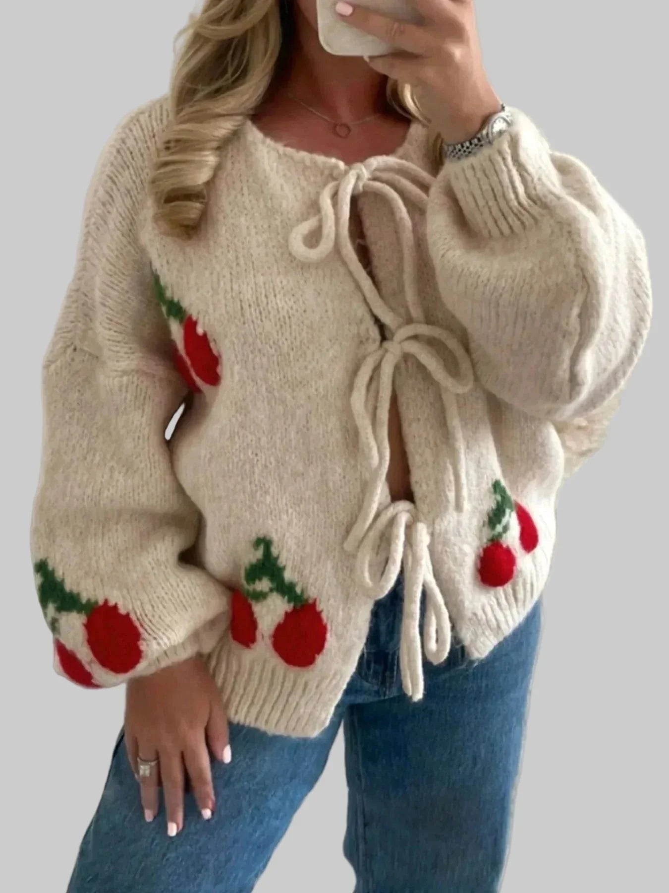 Women’s Tie-Front Cardigan | Oversized Fit | Cherry Pattern | Lace-Up Detail
