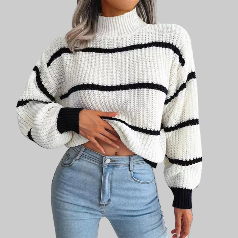 Women’s Turtleneck Sweater | Loose Fit | Lantern Sleeves | Striped Pattern
