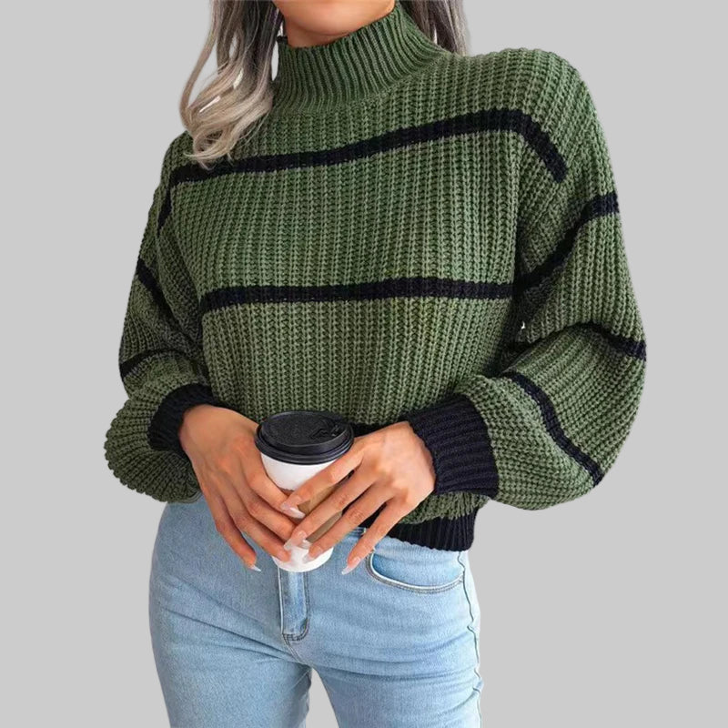 Women’s Turtleneck Sweater | Loose Fit | Lantern Sleeves | Striped Pattern