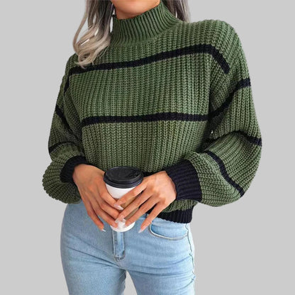 Women’s Turtleneck Sweater | Loose Fit | Lantern Sleeves | Striped Pattern