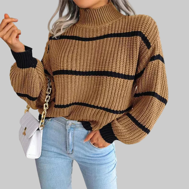 Women’s Turtleneck Sweater | Loose Fit | Lantern Sleeves | Striped Pattern