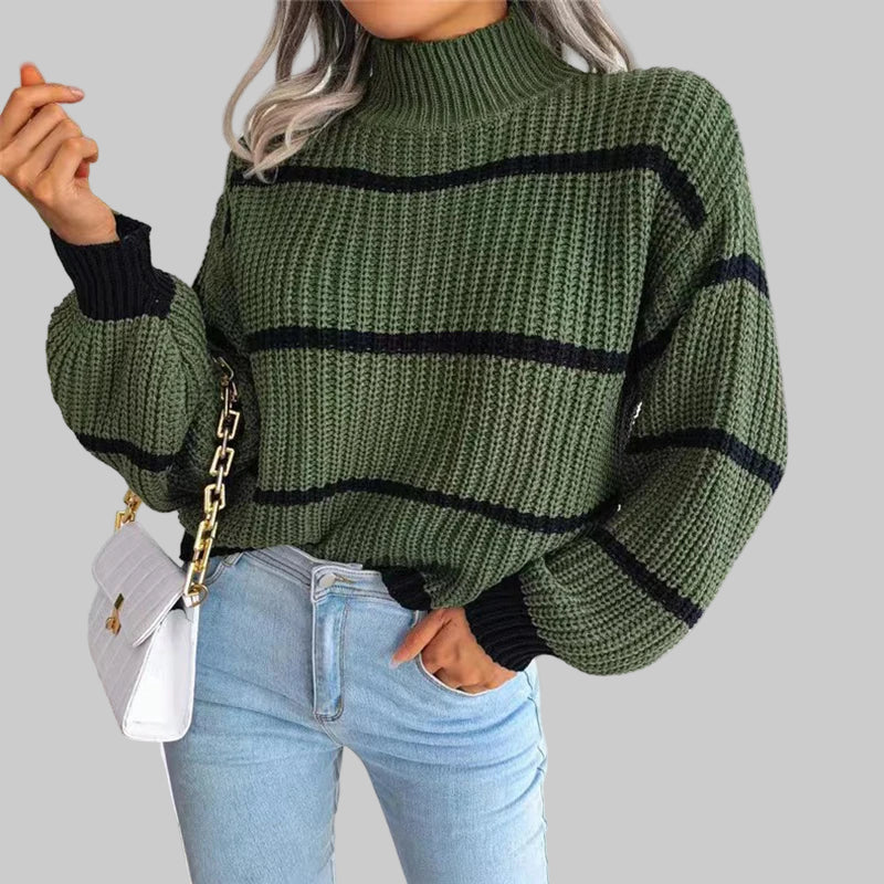 Women’s Turtleneck Sweater | Loose Fit | Lantern Sleeves | Striped Pattern