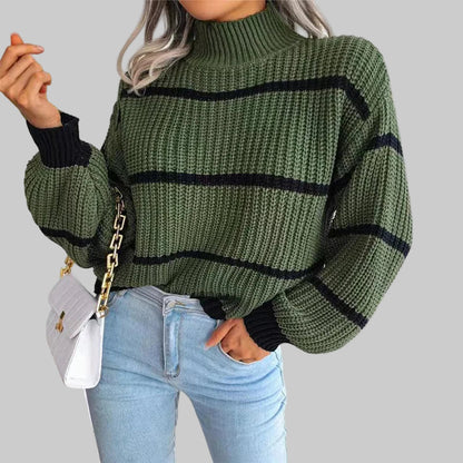 Women’s Turtleneck Sweater | Loose Fit | Lantern Sleeves | Striped Pattern